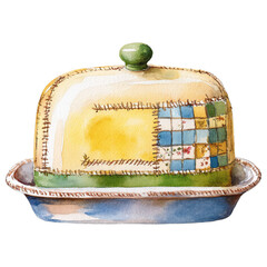 Butter Dish Watercolor: A charming watercolor illustration of a vintage butter dish, beautifully rendered with a patchwork design, adding a touch of rustic elegance and nostalgia.