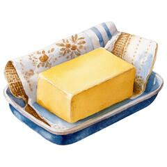 Butter Display: A meticulously crafted watercolor painting presents a serene composition, with a vibrant, golden block of butter poised on a delicate ceramic plate.