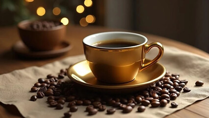 Golden cup of hot black coffee.