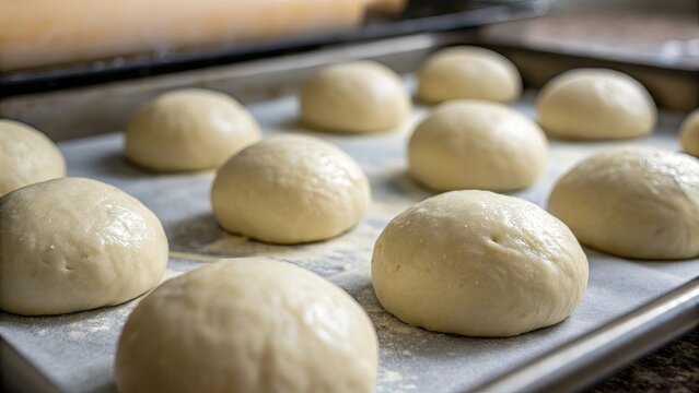 Raw dough balls proofing on a parchment-lined baking sheet before baking. - Powered by Adobe
