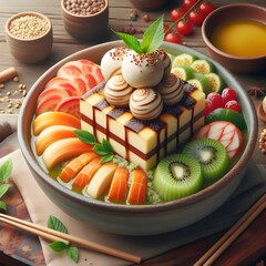 Elegant Dessert Bowl with Layered Chocolate and Cream Cheese Cake, Fresh Sliced Fruits, and White Chocolate Truffles