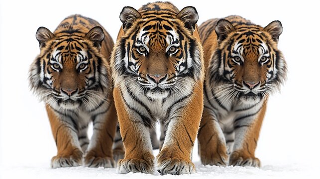 Three tigers walking in a line on white background - Powered by Adobe