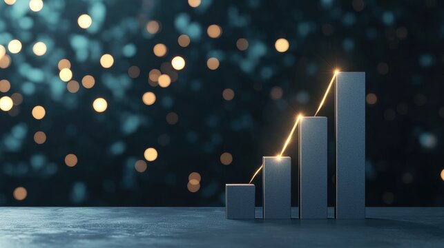 management Bar Graph and Pie Chart 3D rendered bar graph with upward trend, abstract background with glowing lines