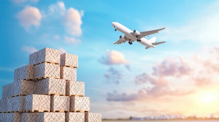 logistic Air Freight Cargo plane taking off with a full load, airport runway in the background
