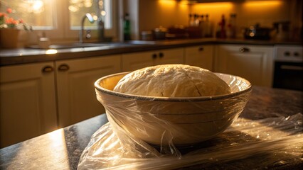 A large bowl of fresh bread dough covered in plastic wrap, rising on a sunlit kitchen counter.