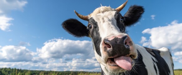 The playful cow sticking its tongue out under a bright blue sky