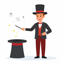 A cartoon magician in a suit performs a magic trick with a wand, hat, and cards, perfect for children's illustrations or educational content.
