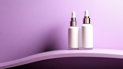 Elegant cosmetic bottles on a soft purple background.
