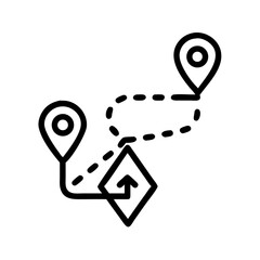 Roadmap Icon with Location Pins and Curved Path Arrow – Black Line Art Symbol Representing Journey, Navigation Route, Travel Direction, or Strategic Planning Concept