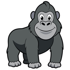 A cheerful cartoon gorilla with grey fur is standing and smiling playfully