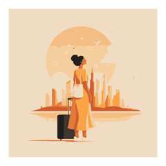 Woman with Suitcase in Cityscape at Sunset, Vector Cartoon Style Art