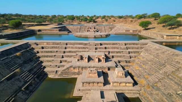 An aerial view showcases the intricate chand baori stepwell, featuring geometric steps descending to the waters edge in rajasthan, india