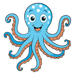 Cartoon octopus with blue body and white spots smiling with its eight tentacles
