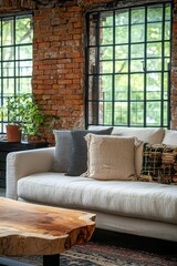 Close-up of a white sofa with a live edge table, placed against a grid window and brick wall. Loft-style interior design of a modern living room, Generative AI