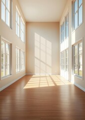 Fototapeta premium A sunlit empty room with large windows wooden floors and beige walls ideal for real estate interior design or home renovation themes Empty room interior design architecture blank design room