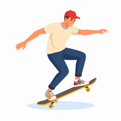 Fototapeta premium Illustration of a young man with red cap riding a skateboard, doing a trick with a smiling expression, perfect for sports, recreation, and youth-themed projects.