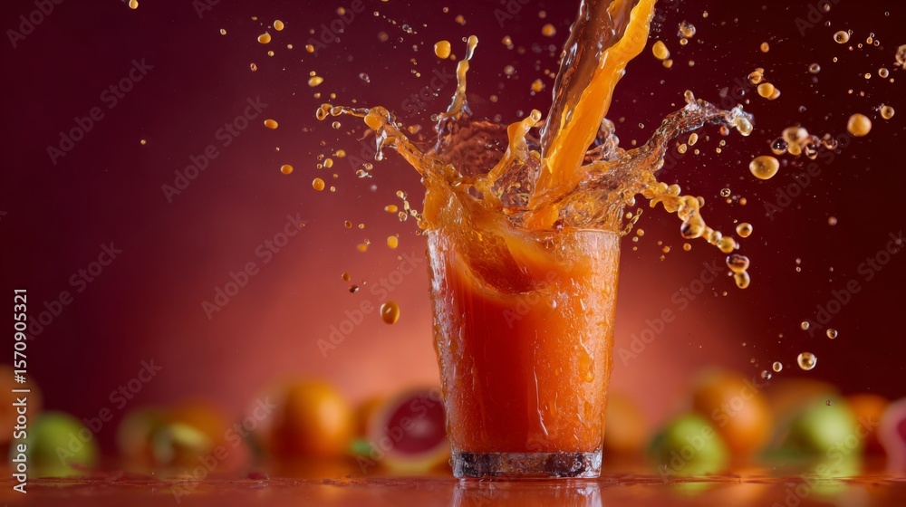 Poster An artistic shot of a splash of  being poured from a bottle into a glass, with droplets and splashes captured mid-air, highlighting the freshness and vitality of the juice.