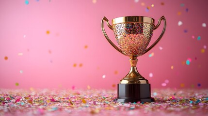 Golden Trophy on Pink Background With Confetti Celebration Atmosphere