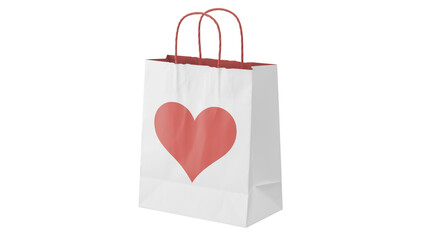 A white paper shopping bag with red handles photographed against a white background