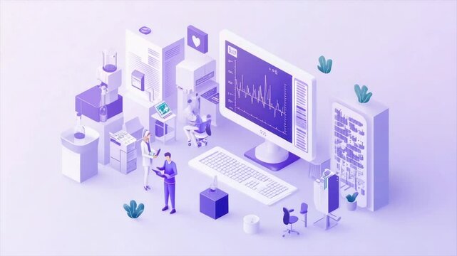 Isometric illustration of a tech workplace with data analysis
