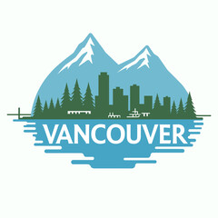Vector logo of Vancouver featuring mountain backdrop, trees, city skyline and lake. Clean, modern design ideal for travel branding and editorial graphics
