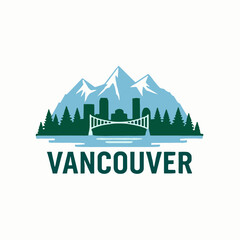 Modern vector logo of Vancouver with iconic bridge, mountain range, pine trees and skyline. Clean layout for travel, editorial or tourism designs