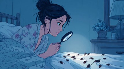 A woman uses a magnifying glass to find and inspect bed bugs crawling in her bedroom.
