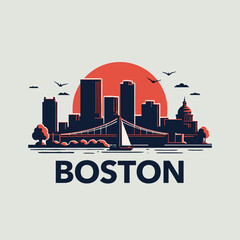 Boston city skyline illustration with bridge, sailboat, and red sun in the background, birds flying above