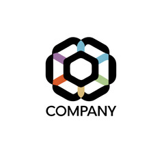 Obraz premium Geometric hexagon logo with colorful segments and company text abstract symbol