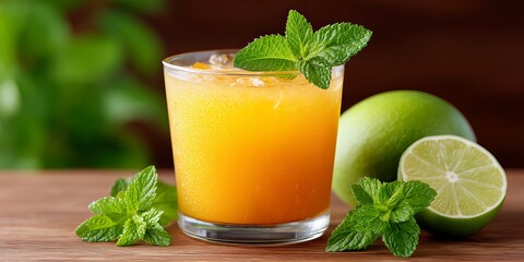 Refreshing Orange Cocktail With Mint And Lime Against Blurred Green Foliage