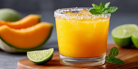 Vibrant Cocktail With Citrus Garnishes And Cantaloupe Slices on a Wooden Board