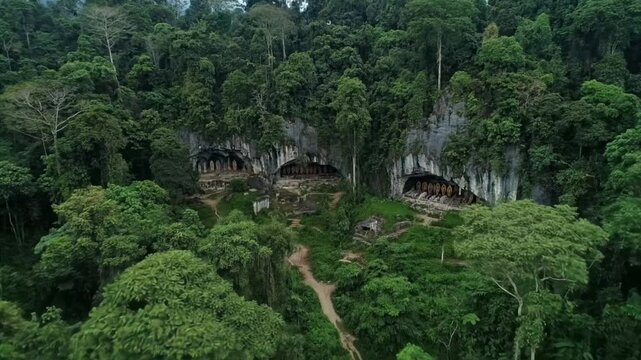 A lush green forest with caves nestled within the trees creates a tropical rainforest landscape perfect for adventure and exploration in borneo