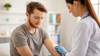 Obraz premium A female doctor in a white coat and gloves applies a bandage to a young male patient's arm after a blood draw or vaccination in a clinic.
