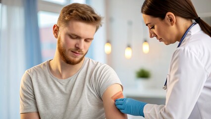 Obraz premium Female doctor applying an adhesive bandage to a young man's upper arm after a vaccination or injection.
