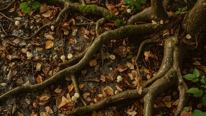 Obraz premium Roots and Mushrooms in Forest, Woodland Ground Texture, Autumn Forest Floor