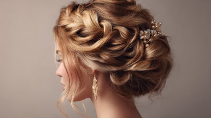 An elegant image of a woman with an intricate updo hairstyle, featuring braided sections and delicate accessories, perfect for a formal event or wedding.