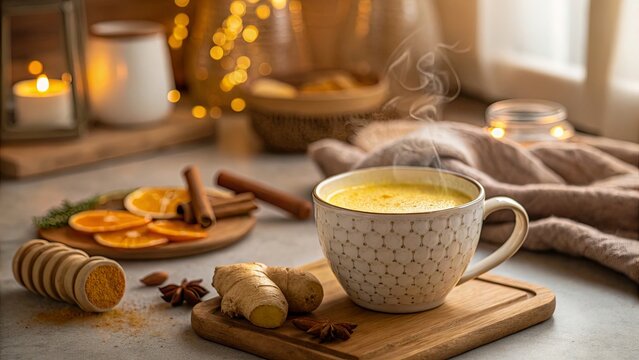 A steaming mug of golden milk turmeric latte on a wooden coaster, surrounded by spices like ginger, cinnamon, and star anise in a cozy, warm setting.