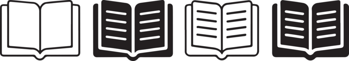 Open Book Icons Graphic Symbol Set Education and Knowledge Concepts Black and White Designs Open Books for Learning