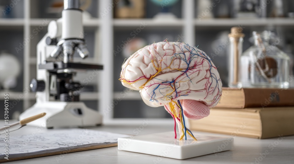Poster an image of a brain model with various neurological connections highlighted, placed on a desk with e