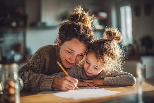 mother and daughter doing homework together at kitchen table