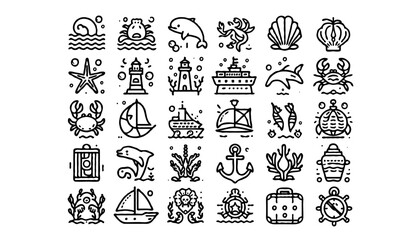 minimalist line art icons themed around the sea and ocean life