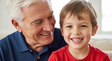 Portrait of a happy child and his elderly grandfather expressing familial love and connection