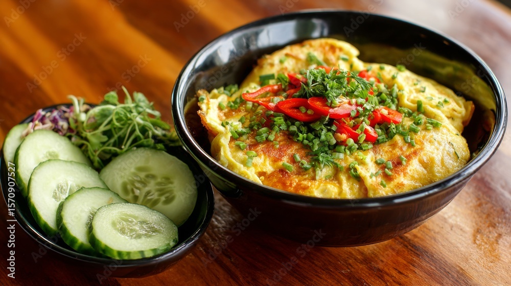 Poster an inviting bowl of omelet rice served with a side of fresh cucumber slices and herbs, showcasing th