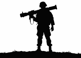 Bold Illustration of a Modern Soldier Standing on Rugged Ground with a Shoulder-Fired Rocket Launcher, Representing Strength, Readiness, and the Unyielding Spirit of Defense in the Face of Conflict