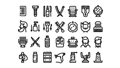 minimalist line art icons themed around barbershop and men’s grooming