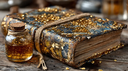 New Year's reflection journal elegantly placed on a rustic wooden table, surrounded by subtle golden sparkles