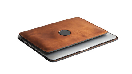 • A stylish leather laptop sleeve with wireless charging pad, isolated on white background in HD 