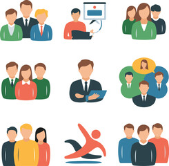 Flat Icons Representing Diverse Business and Social Interactions