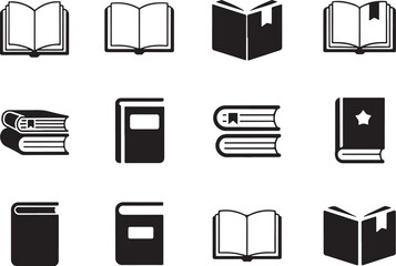 Collection of Black and White Book Icons Depicting Open and Closed Books in Various Styles for Design Purposes
