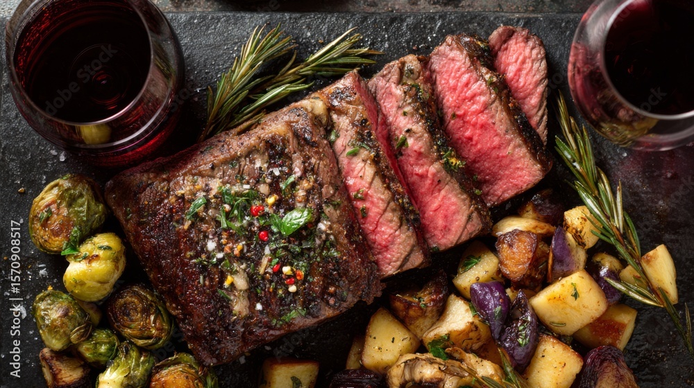 Aufkleber an overhead shot of a succulent steak sliced open, showing its tender pink center, accompanied by a 